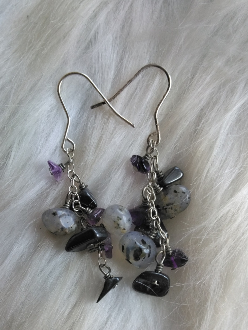 Amethyst, Hematite, And Rutilated Quartz Gemstone Earrings